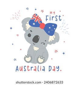 First Australia day baby koala with flag in adorable pose animal celebrate Australian Nation day cartoon hand drawing.