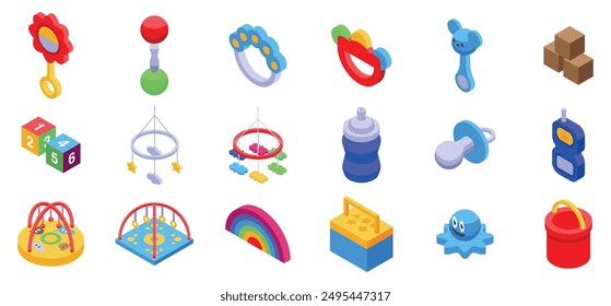 First babies toys icons set. Brightly colored isometric baby toys set featuring a rattle, an educational toy and a playpen