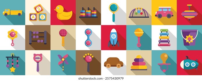  First babies toys icons set. Engaging collection of baby toys fostering creativity, motor skills, and cognitive development in infants and toddlers