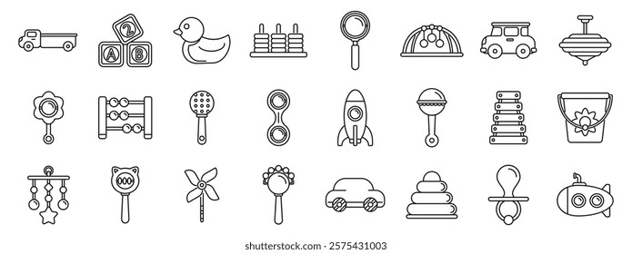  First babies toys icons set. Engaging line art icons of various baby toys, symbolizing learning, play, and development in early childhood