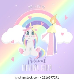 First baby birthday party, invitation with unicorn and number one