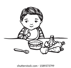 first baby food. Hand drawn line illustration of baby sitting with meal: bowl, spoon, apple, vegetables. Kid nutrition. Baby smiling and hold piece of food. Stock vector isolated illustration.