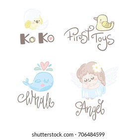 First baby toys. Set of kids, children logos