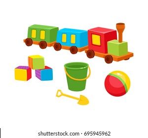 First baby toys – wooden train, building blocks, ball, bucket and shovel, cartoon vector illustration isolated on white background. Kid items - train, block, ball, bucket for little kids, children