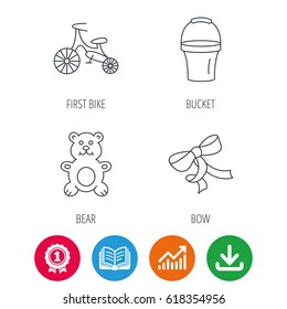 First bike, bucket and bear toy icons. Bow linear sign. Award medal, growth chart and opened book web icons. Download arrow. Vector