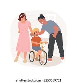 First bike ride isolated cartoon vector illustration. Parent help kid to ride a bicycle, happy childhood, people having fun, family active lifestyle, physical activity vector cartoon.