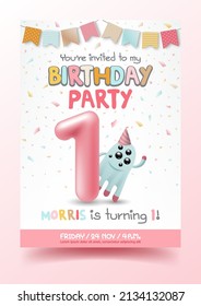 First birthday anniversary numbers with 3d little cute monster and birthday party invitation greeting card template. Vector Illustration