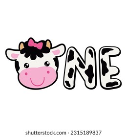 First birthday. Baby girly cow one vector cartoon illustration.
