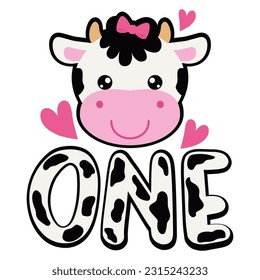 First birthday. Baby girly cow one vector cartoon illustration.
