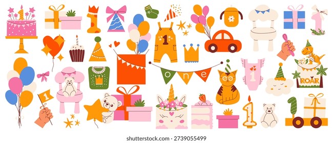 First birthday big set with elements of bunting, cakes, balloons, cute animals, gifts, clothes. Modern retro flat vector illustration for baby party invitation, event decor, poster, web design