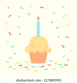 First Birthday boy card with cupcake and candle in flat design style, vector illustration. congratulations on the anniversary.