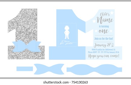 First birthday boy's party. Printable invitation card for little prince. Silver glitter and blue. Shaped invite - number one. Template have place for real child's photo. Decorated die paper tie bow.