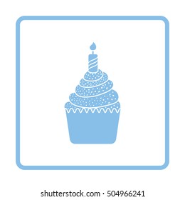 First birthday cake icon. Blue frame design. Vector illustration.