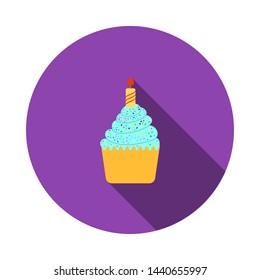 First Birthday Cake Icon. Flat Circle Stencil Design With Long Shadow. Vector Illustration.