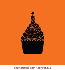 First birthday cake icon. Orange background with black. Vector illustration.