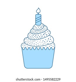 First Birthday Cake Icon. Thin Line With Blue Fill Design. Vector Illustration.