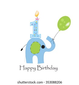 First birthday candle with elephant and balloon greeting card vector