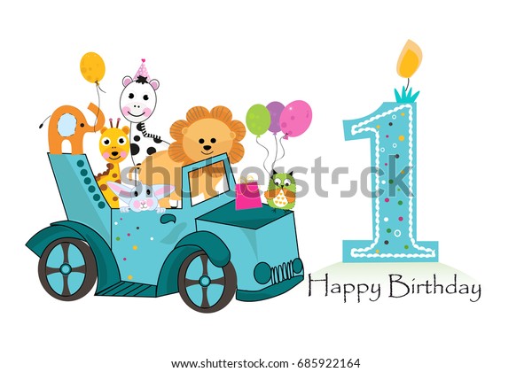 First Birthday Car Animals Background Stock Vector (Royalty Free) 685922164