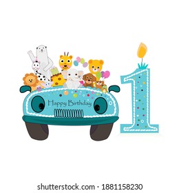 
First birthday. Car with cute animals background. Birthday greeting card, party, t-shirt design vector