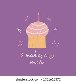 First birthday card. Make a wish. Flat vector illustration on a purple background. Invitation to a birthday, celebration, party.