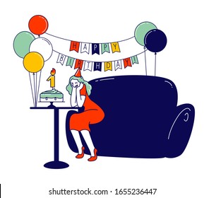 First Birthday Celebration Party. Woman Sitting at Table with Festive Cake and Number One in Room Decorated with Balloons and Garland. Baby Party Celebration. Cartoon Vector Illustration Linear