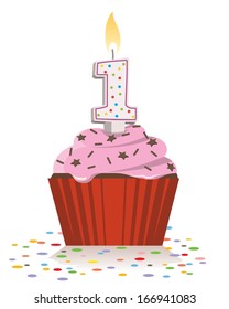 first birthday cupcake with lit candle in shape of number one