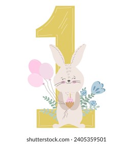 First birthday. Cute bunny, rabbit, hare with balloons, flowers, cake, number one. Vector illustration. Happy birthday greeting card design, template.