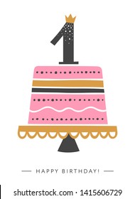 First Birthday Greeting Card For Baby Girl. Vector Illustration With Festive Cake