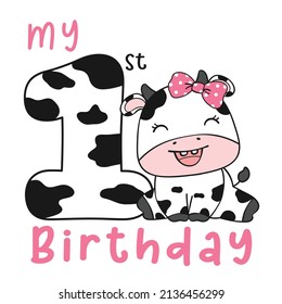 first birthday greeting card, baby cow sitting with number one, birthday animal farm clipart for t shirt printable