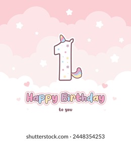 First birthday greeting card with cute unicorn number. Birthday greeting card