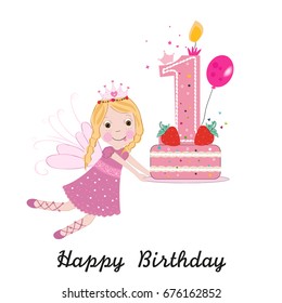 First birthday greeting card. Cute fairy holding cake