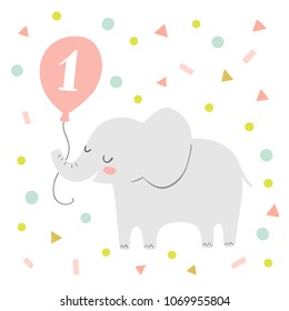 First birthday greeting card or party invitation with a cute vetor elephant illustration. Elephant holding a balloon on a background of colorful confetti.