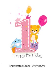 First Birthday Greeting Card. Teddy Bear, Bunny And Chick Vector Background