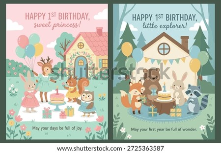 First Birthday Greeting Cards Set with Woodland Animals