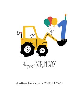 First birthday. Hand drawn happy birthday card with cute cartoon car tractor with balls, candle and lettering Happy Birthday. Vector illustration.  Baby boy greeting card for 1st birthday