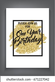 First Birthday Invitation Black Frame With Golden Glitter For Girl, First Birthday Party Invitation, One Year Old Printable Invite