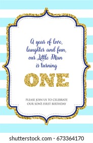 First birthday invitation for boy, one year old party. Printable vector template with blue stripes background, invite with text a year of love, laughter and fun.