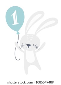 First birthday invitation card design with cute bunny holding a balloon with number one on it. Kids party, greeting card, nursery wall art, poster.