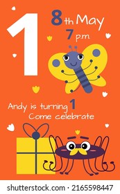 First birthday invitation with cute characters. Kid party flyer