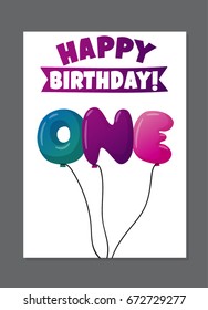 First Birthday Invitation For Girl Or Boy, Balloon Letters Invitation, For One Year Old With  Blue, Purple, Pink Colors With Bright Text Happy Birthday Printable Invite. Vector Template.