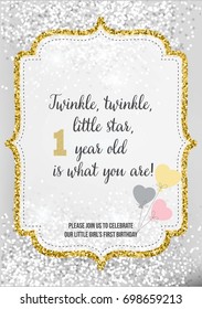 First birthday invitation for girl, one year old party. Printable vector template with silver glitter background, invite with text twinkle, twinkle, little star, one year old is what you are!