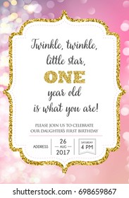 First Birthday Invitation For Girl, One Year Old Party. Printable Vector Template With Pink Background, Invite With Text Twinkle, Twinkle, Little Star, One Year Old Is What You Are!