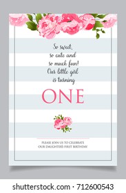First birthday invitation for girl, one year old party. Printable vector template with stripes background, invite with text so sweet, so cute and so much fun.