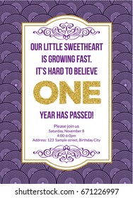 First Birthday Invitation Girl, First Birthday Party Invitation, One Year Old Purple Printable Invite With Text Our Little Sweetheart.