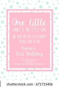 First Birthday Invitation Girl, First Birthday Party Invitation, One Year Old Pink Printable Invite With Text One Little Candle And One Little Cake.