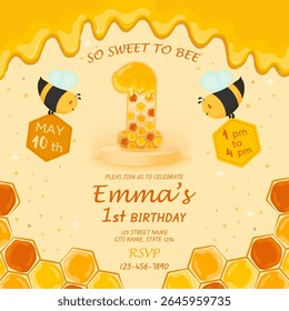First Birthday Invitation Template, Cute Bees and Honeycomb, Honey, Pastel Yellow Background