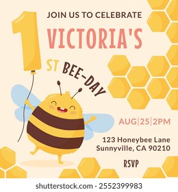 First birthday invitation template with kawaii happy bee and honeycomb. Cute bumblebee holds balloon shape number one. Cartoon flat vector illustration