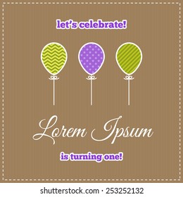 First birthday invitation. Three patterned balloons. Purple and green colors. Vector illustration.