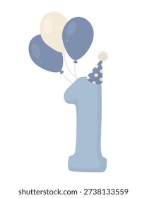 First birthday number one in soft blue with party hat and balloon bouquet. Flat vector for baby boy first birthday invitations, greeting cards, nursery decor, party posters, photo props, event branding. First birthday number one in soft blue with party hat and balloon bouquet. Flat vector for baby boy first birthday invitations, greeting cards, nursery decor, party posters, photo props, event branding.