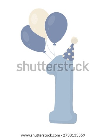 First birthday number one in soft blue with party hat and balloon bouquet. Flat vector for baby boy first birthday invitations, greeting cards, nursery decor, party posters, photo props, event branding.